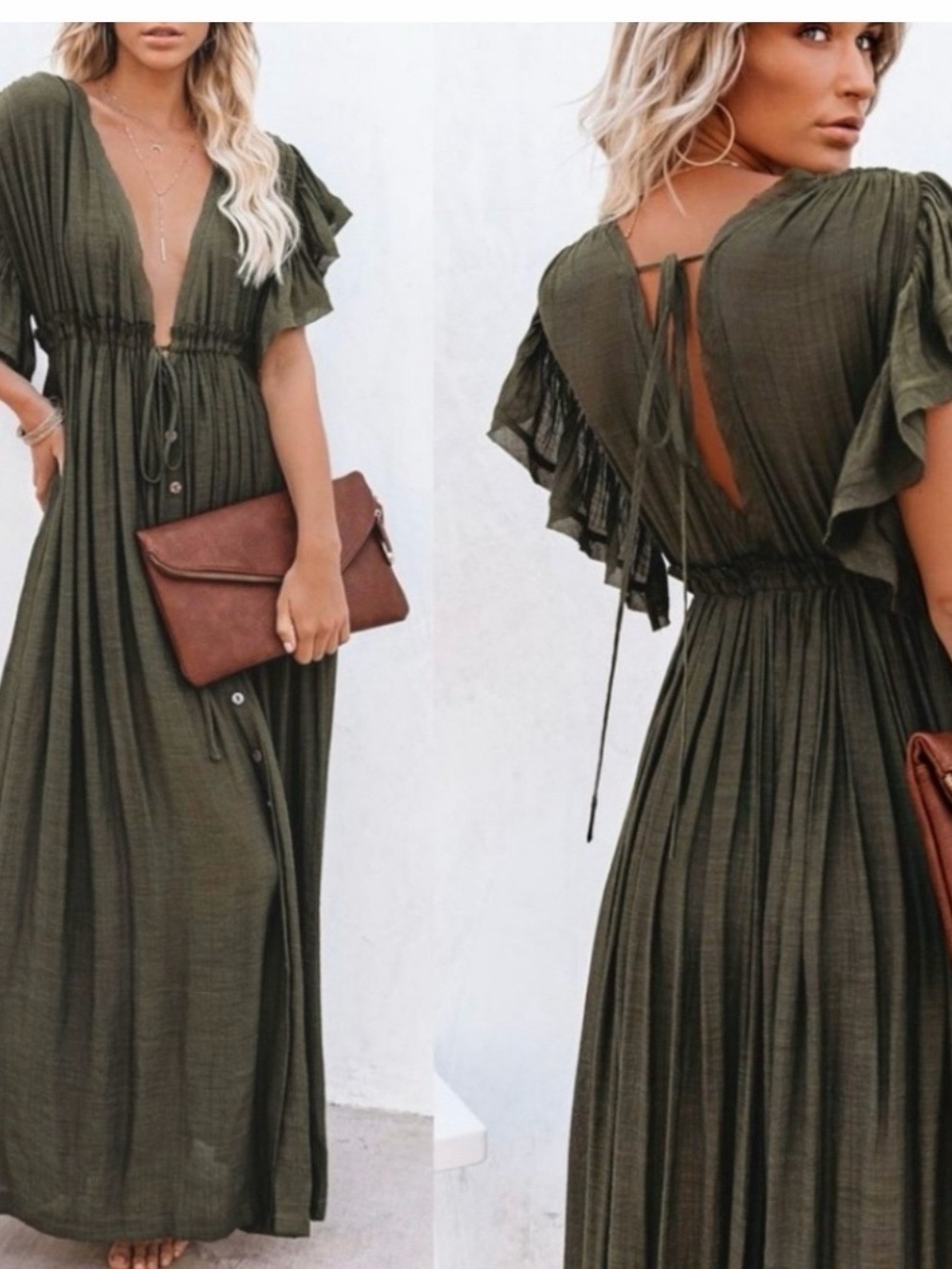 Olive Green V‑Neck Flutter Sleeve Maxi Dress with Waist Tie